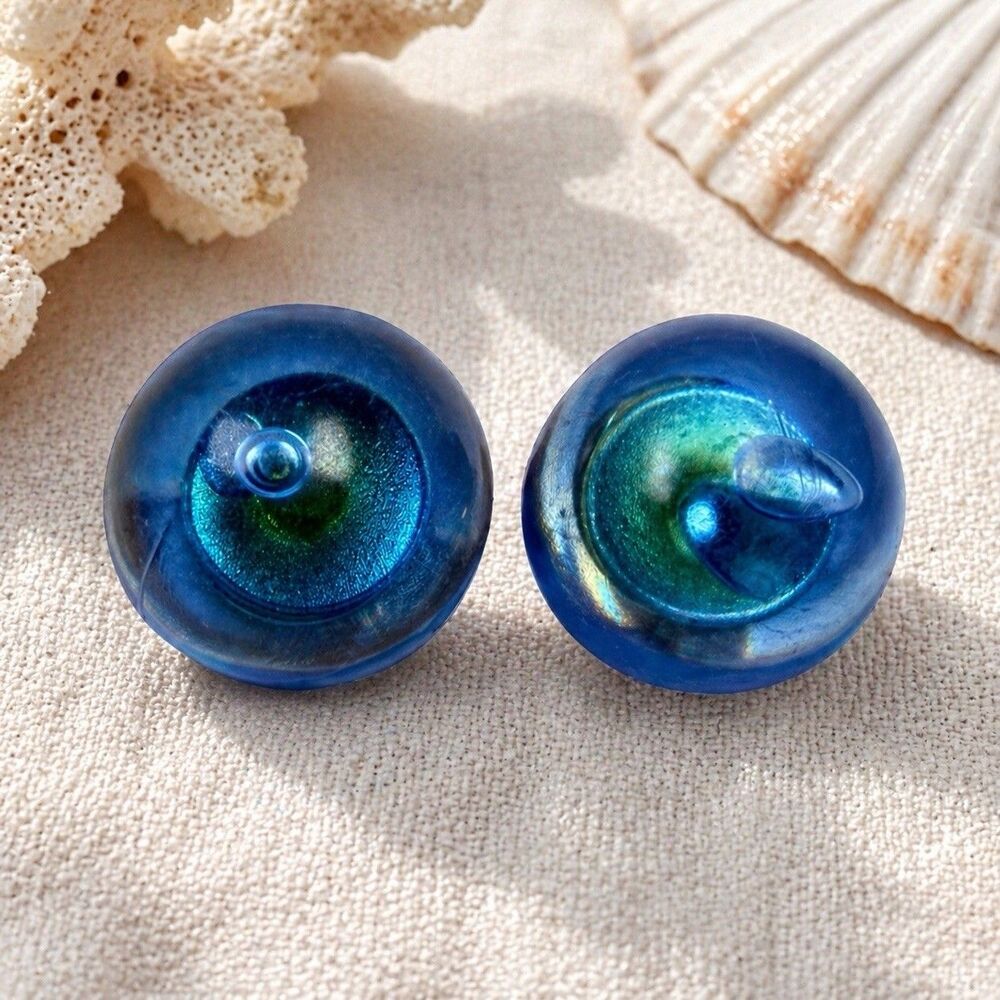 Vintage Blue Iridescent Dome Stud Earrings Aqua Teal Cabochon Retro 90s